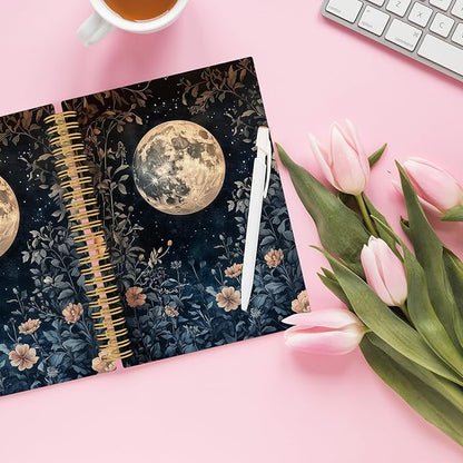 XPH Vintage Floral Moon Spiral Notebook, Dark Cottagecore Botanical Flower Journaling Notebooks for Women, Floral Aesthetic Hardcover Journals for Writing 160 Pages 5.5 x 8.3 Inch, Moon Gifts