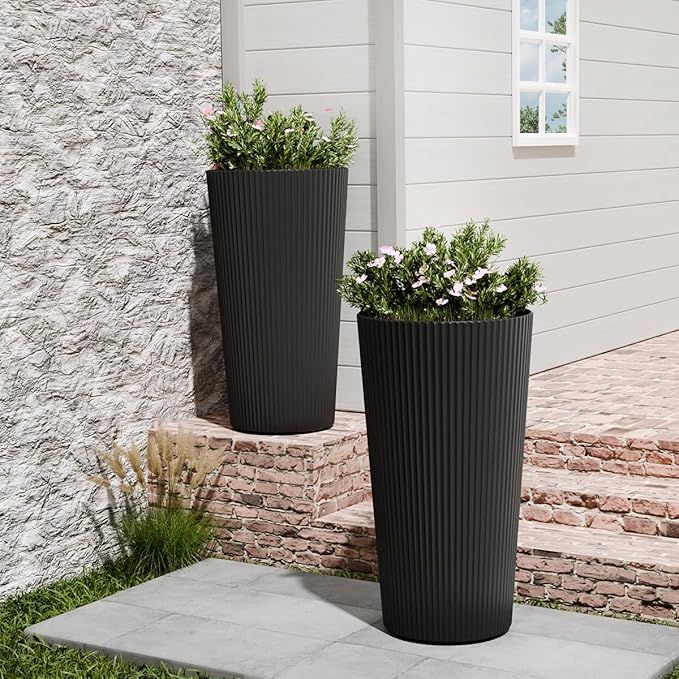 Tall Outdoor Planter Set of 2-23.6" Large Striped Plastic Flower Pots, Decorative Indoor/Outdoor Planters for Porch, Patio, Balcony & Garden, Black