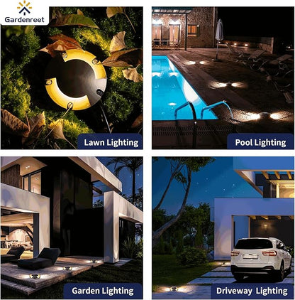 Gardenreet Brass In Ground Landscape Lighting Low Voltage Kit(6 Pack) with MR16 Bulb & 100Feet Wire & Connectors, 12V LED Well Lights IP65 Waterproof for Outdoor Sideway Garden Path(2 Way Turret)