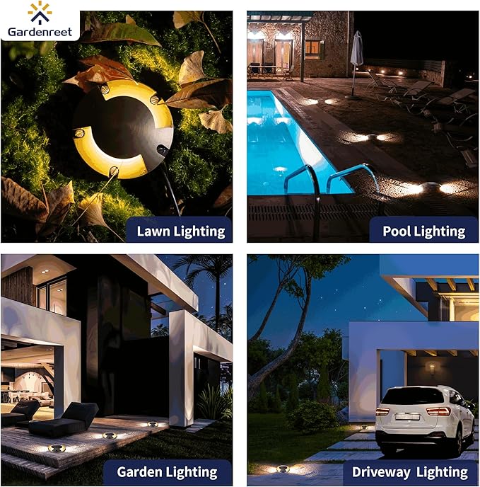 Gardenreet Brass In Ground Lights Kit(6 Pack) with 150W Low Voltage Transformer & MR16 Bulb & 100Feet Wire & Connectors, 12V LED Well Lights for Outdoor Yard Garden Pathway(2 Way Turret)
