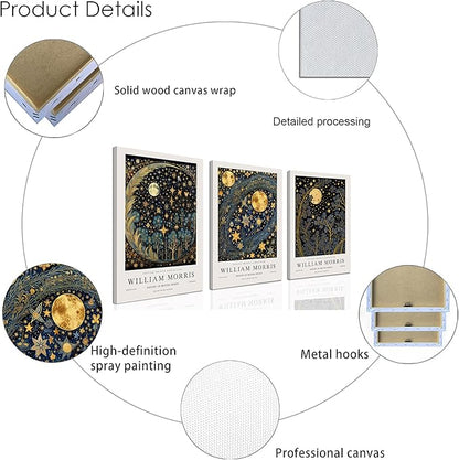 WRFON William Morris Canvas Wall Art, Vintage Gold Moon Wall Decor, Dreamlike Stars Poster Prints, Retro Botanical Aesthetic Pictures for Bedroom Living Room Office Framed Ready to Hang 16"x24"x3