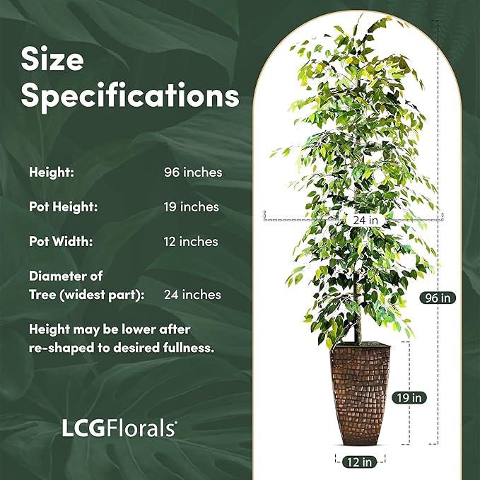 8ft Artificial Ficus Tree in Copper Metal Pot - Real Wood Trunk, Preassembled, No Maintenance Indoor Faux Plant - Living Room, Home & Office Decor