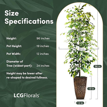 8ft Artificial Ficus Tree in Copper Metal Pot - Real Wood Trunk, Preassembled, No Maintenance Indoor Faux Plant - Living Room, Home & Office Decor