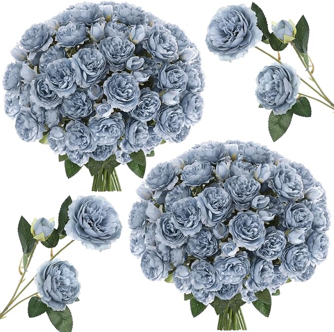 36 Bundles Artificial Flowers Peonies Roses Fake Bouquet for Wedding Bridal Shower Valentine's Day Decorations Fake Floral Arrangements Table Centerpieces Home Decor(Dusty Blue)