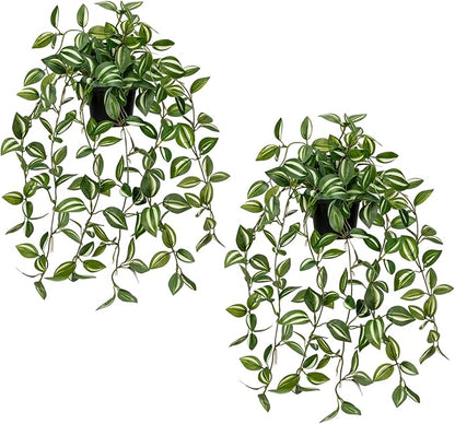2 Pack Fake Hanging Plants for Shelf in Back Pot, Small Artificial Hanging Ivy Vine Plants Indoor Fake Potted Greenery Plant Decor Room Bathroom Wall End Table Mimi Faux Wandering Jew Plant Set