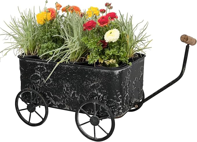 Flower Cart with Wooden Handles, Metal Wagon Planters for Outdoor Plants, Garden Planter with Wagon Wheels, Decorative Wheelbarrow, Plant Cart for Patio Garden Balcony (Black)