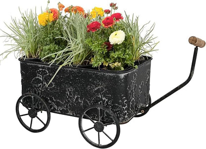 Flower Cart with Wooden Handles, Metal Wagon Planters for Outdoor Plants, Garden Planter with Wagon Wheels, Decorative Wheelbarrow, Plant Cart for Patio Garden Balcony (Black)