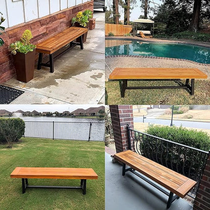 PHI VILLA Outdoor Acacia Wood Bench, 2 Pieces 63" Patio Picnic Bench, Supports 550lbs, Classic Brown and Black