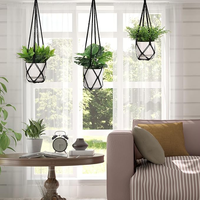 YIBOT 3 Pack Black Macrame Plant Hanger Indoor Hanging Planter Basket with 3 Hooks, 35"/29"/23" Crochet Plant Holder Stand No Tassels for Indoor Outdoor Boho Home Decor (POTS NOT Included)