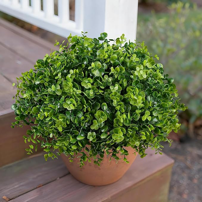 Artificial Faux Outdoor Plants for Spring Summer Decoration, 12 Bundles Fake Plastic Eucalyptus UV Resistant Look Real Fake Plants for Planter Outside Front Door Porch Patio Balcony Garden Indoor Yard