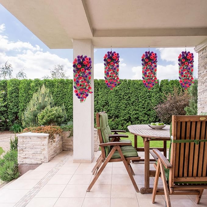 Artificial Hanging Flowers for Outdoor, 2 PCS Silk Morning Glory Faux Flowers with Eucalyptus Leaves,Realistic Hanging Plants for Wedding Home Office Garden Decor