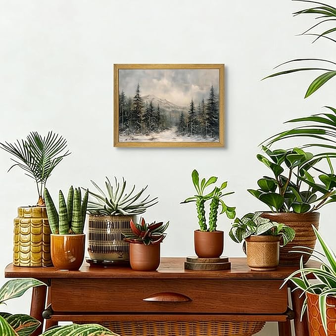 Framed Vintage Wall Art, Forest Landscape Canvas Wall Decor, Winter Pine Tree Poster Print Picture, Christmas Decor Painting for Living Room Bathroom Kitchen Home Decor 16x12 Inch