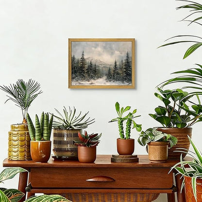 Framed Vintage Wall Art, Forest Landscape Canvas Wall Decor, Winter Pine Tree Poster Print Picture, Christmas Decor Painting for Living Room Bathroom Kitchen Home Decor 16x12 Inch