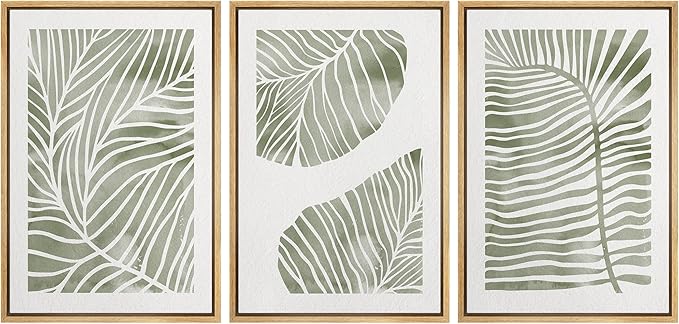 Ashbrook Framed Canvas Print Wall Art Set Abstract Jungle Green Pastel Plants Nature Wilderness Illustrations Modern Art Rustic Chic Colorful for Living Room, Bedroom, Office - 24"x36"x3 Natural