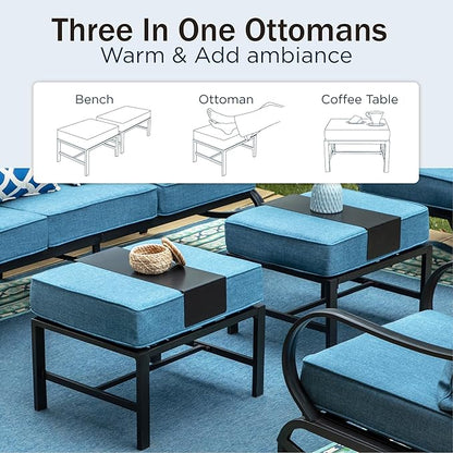 PHI VILLA 5 PCS Patio Furniture Set,Metal Deluxe Patio Set with 1 x 3 Seater Deep Seating Bench, 2 x Swivel Sofa Chairs & 2 x Metal Cushioned Ottoman, Outdoor Patio Set for Garden, Navy Blue