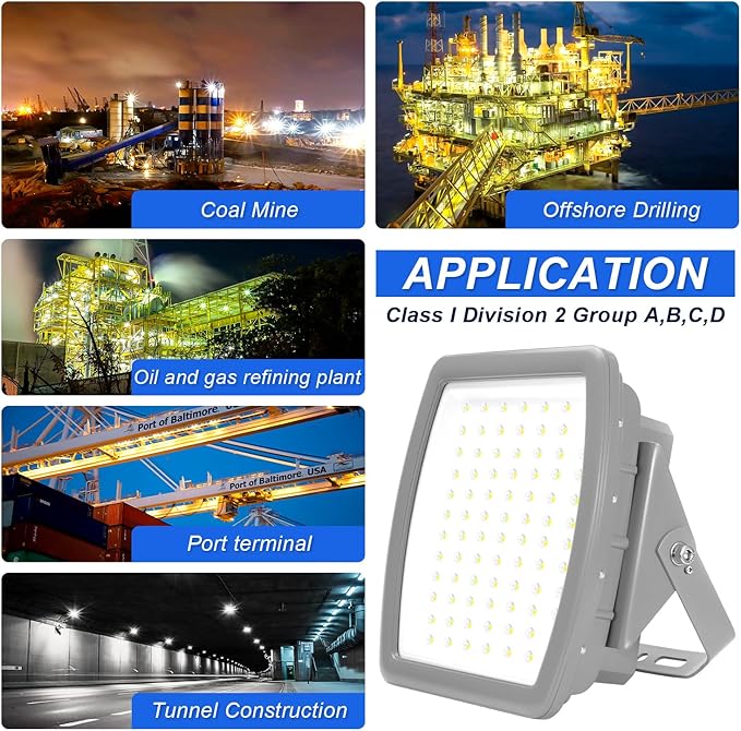 100W LED Explosion Proof Flood Light, Class I Division 2, 5000K IP68/IK10 Hazardous Location Lighting for Petroleum Refineries, Utility Gas Plants, Storage Areas, 100-277V, UL Listed