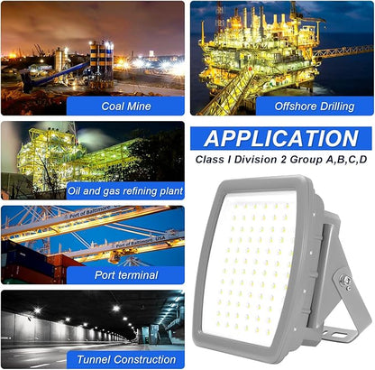 100W LED Explosion Proof Flood Light, Class I Division 2, 5000K IP68/IK10 Hazardous Location Lighting for Petroleum Refineries, Utility Gas Plants, Storage Areas, 100-277V, UL Listed