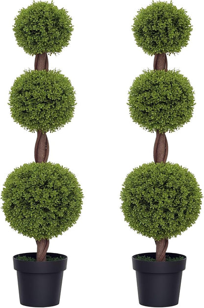 HOMCOM Artificial Plants, Set of 2 Decorative Topiary Ball-Shaped Boxwood Trees in Pots, Fake Plants for Home Indoor Outdoor Decor, 45.3 Inch, Green