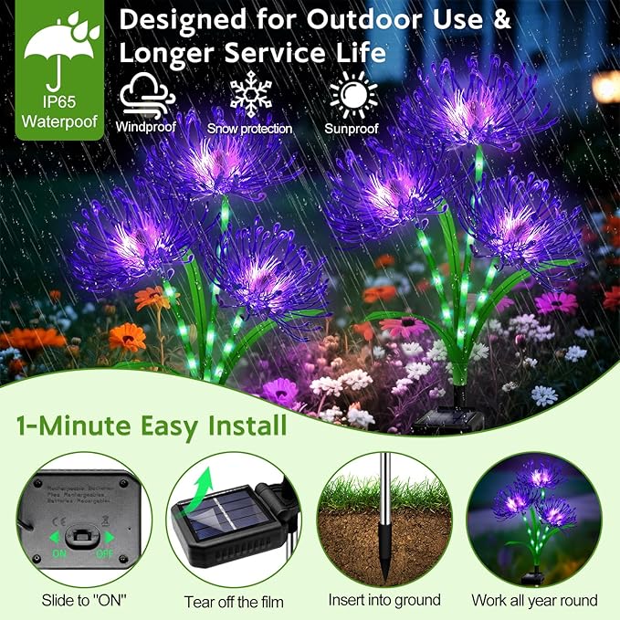 Solar Garden Flower Lights Outdoor,8 Pack 24-Head Purple Spider Lily Waterproof with Glowing Stems,Elegant Yard,Patio & Law Decor,Ideal Halloween & Gardening Gifts for Women,Mothers & Grandma