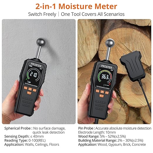 Proster 2-in-1 Pin & Pinless Moisture Meters for Walls - Rechargeable Damp Meter with 3-Colour Bar Graph LCD Display Customizable Alarms Wood Moisture Meter for Building Materials Concrete Plaster
