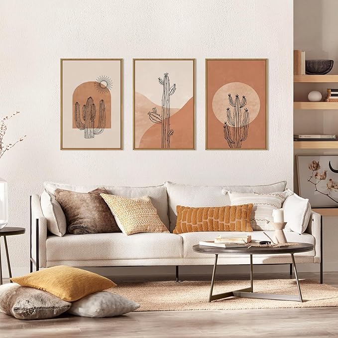 Ausril Boho Minimalist Cactus Framed Canvas Wall Art Set, Mid Century Saguaro Wall Decor, Abstract Geometric Desert Wall Painting, Beige Brown Plant Art Prints for Living Room, Bedroom, Office - 24"X36"X3