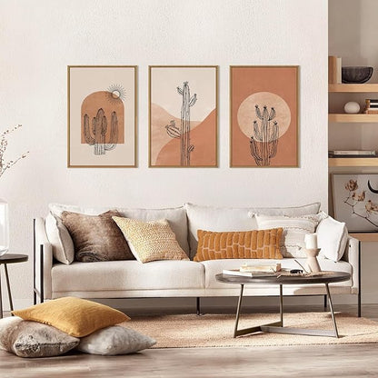 Ausril Boho Minimalist Cactus Framed Canvas Wall Art Set, Mid Century Saguaro Wall Decor, Abstract Geometric Desert Wall Painting, Beige Brown Plant Art Prints for Living Room, Bedroom, Office - 24"X36"X3