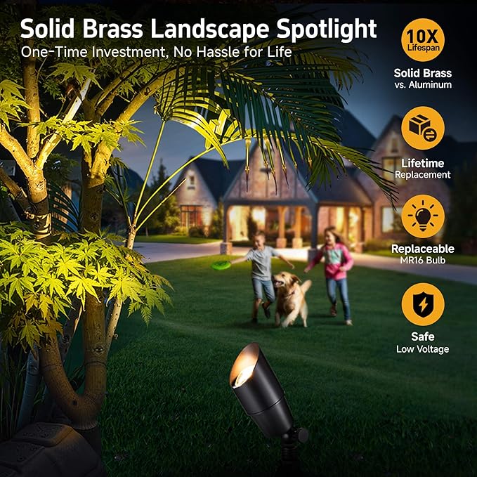 Gardenreet Solid Brass Spot Lights - Black Low Voltage Landscape Spotlight Outdoor, 12V LED Uplights Wired, Waterproof Electric for Patio Wall with 2700K Warm White MR16 Bulb (6 Pack)