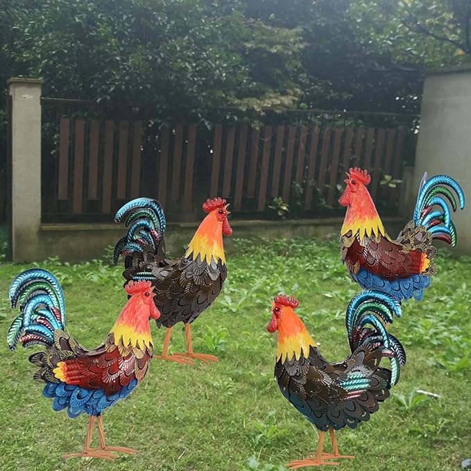 Metal Rooster Statues, Garden Chicken Decorations, Outdoor Chicken Sculptures, Metal Yard Rooster Artwork for Yard Farm Patio Lawn Porch Kitchen Decoration (Brown-Blue)