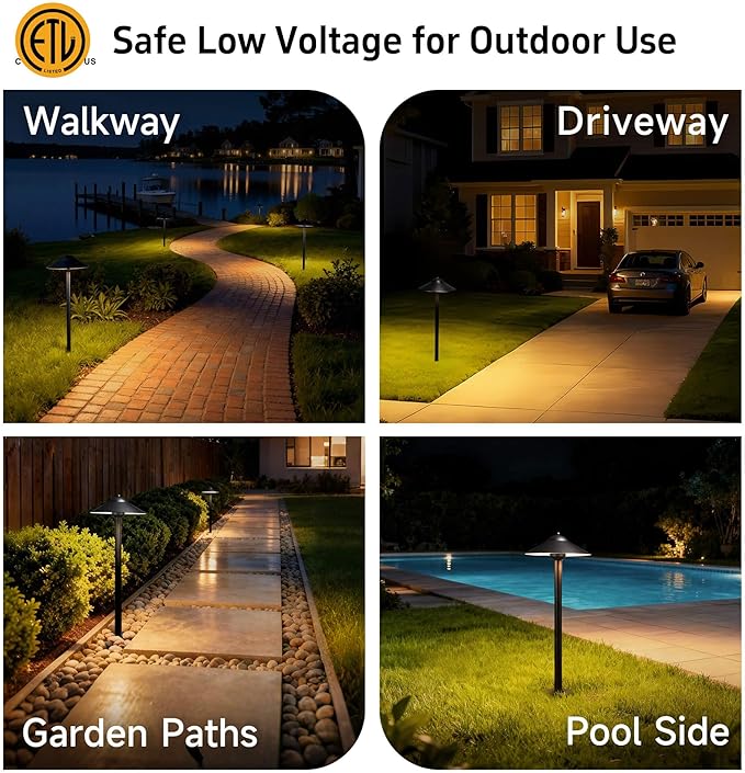 Gardenreet Low Voltage Landscape Path Light Brass (9" Shade, 23.5" Tall) - 12V LED Pathway Warm Lights Waterproof, Wired Black for Walkway Garden Driveway with 3W 270LM 2700K G4 Bulb