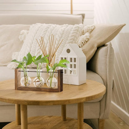YIBOT Wall Hanging Planter Propagation Station Glass Flower Vase for Hydroponics Plants, Plant Terrarium with Wooden Stand, Bathroom, Home Office Living Room Decor Gift