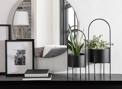 Kate and Laurel Peeto Modern Planter Set, Set of 2, Black, Decorative Freestanding Planters for Indoor Plants