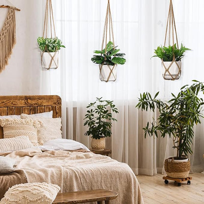 YIBOT 3 Pack Macrame Plant Hanger Indoor Hanging Planter Basket with 3 Hooks, 35"/29"/23" Crochet Plant Holder Stand No Tassels for Indoor Outdoor Boho Home Decor, Brown (POTS NOT Included)