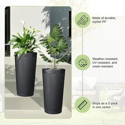 24" Tall Self Watering Planters for Indoor Plants, 2 Pack Large Plastic Outdoor Planter Pots with Built-In Water Reservoir and Level Indicator, Decorative Modern Flower Pots for Home & Patio (Black)