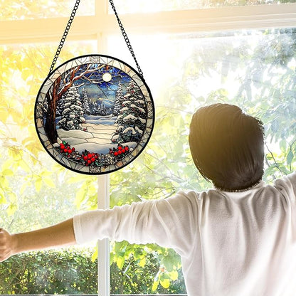 Stained Glass Window Hanging Christmas Tree Winter Snow Night Scenery 9.8" - Suncatcher Door Garden Kitchen Sun Catcher Home Decor Birthday for Mom Men Woman Friend