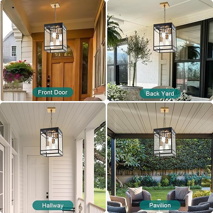 Large Outdoor Pendant Light Fixture for Porch, Black Brass Outdoor Hanging Lantern Pendant Light with Clear Glass, 4 Lights Exterior Porch Chandelier for Outside Patio,Front Door,Enterway