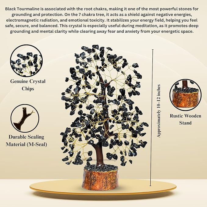 GEMSCITE Black Tourmaline Crystal Tree with Golden Wire – Handmade Gemstone Bonsai for Protection, Grounding & Home Decor