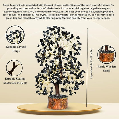 GEMSCITE Black Tourmaline Crystal Tree with Golden Wire – Handmade Gemstone Bonsai for Protection, Grounding & Home Decor