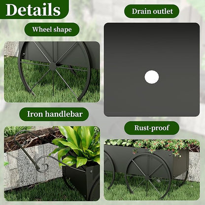 Small Raised Garden Bed Outdoor with Wagon Wheels, Metal Wagon Planter Box, Decorative Garden Planter for Flowers Herbs Vegetables, Flower Cart for Patio, Balcony (Black)