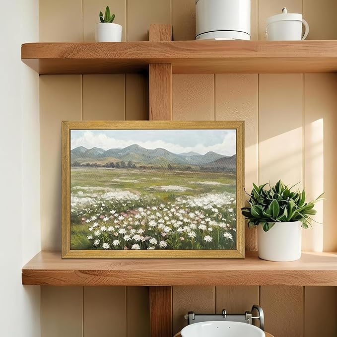 Framed Canvas Wall Art, Vintage Landscape Bathroom Wall Decor, Countryside Flower Field Classic Print Poster, Farmhouse Kitchen Oil Painting, large Artwork Living Room Home Decor 12x16 Inch