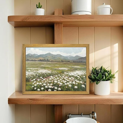 Framed Canvas Wall Art, Vintage Landscape Bathroom Wall Decor, Countryside Flower Field Classic Print Poster, Farmhouse Kitchen Oil Painting, large Artwork Living Room Home Decor 12x16 Inch