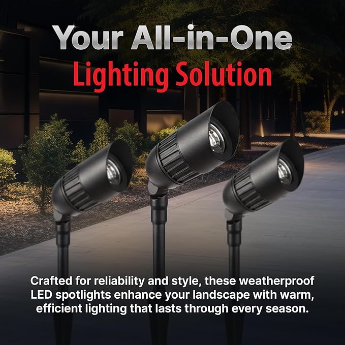 6-Pack Outdoor Low Voltage Landscape Spotlights, 6×3W 200LM, 3000K Warm White, Dusk to Dawn, IP65 Waterproof Path Lights with Transformer, 60FT Cable & Ground Stakes