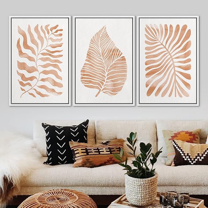 Ashbrook Framed Canvas Print Wall Art Set Orange Tropical Plant Silhouettes Nature Wilderness Illustrations Modern Art Rustic Chic Colorful for Living Room, Bedroom, Office - 16"x24"x3 White