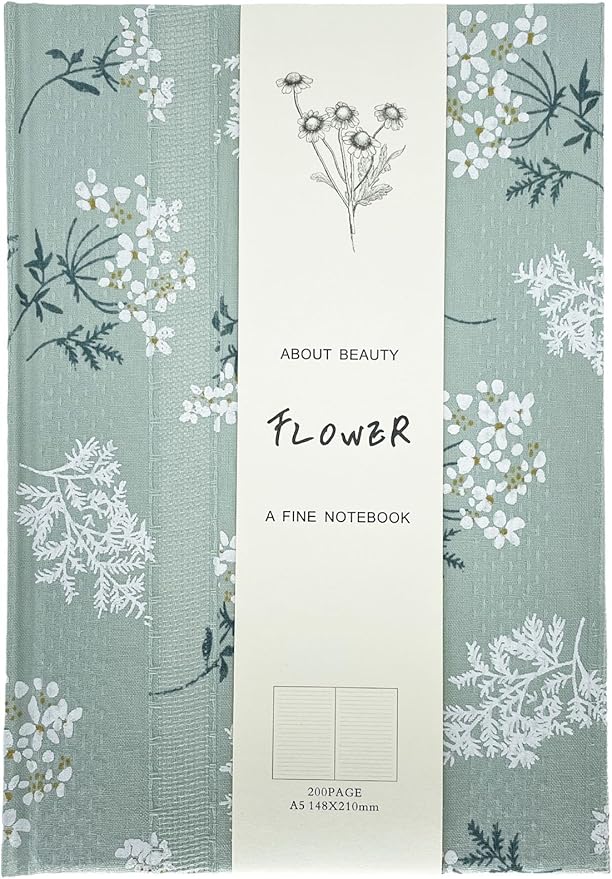 Floral Hardcover Notebook, Flower Journal for women, A5, 200 Pages, 6x8 Medium Lined Notebook, Floret Printed Fabric Cloth, Similar Embroidered Linen, Garden Journal, Green.