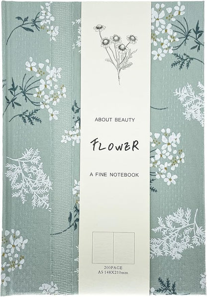 Floral Hardcover Notebook, Flower Journal for women, A5, 200 Pages, 6x8 Medium Lined Notebook, Floret Printed Fabric Cloth, Similar Embroidered Linen, Garden Journal, Green.