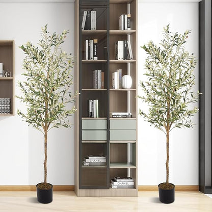 Artificial Fake Olive Tree 6FT Tall 2Pack Faux Silk Olive Tree for Home Living Room Office Decor Faux Artificial Plants Indoor Fake Potted Plants with Fruit & Free Moss