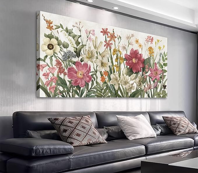 arteWOODS Botanical Canvas Wall Art - Flowers Pictures Wall Decor Wildflowers Plants Painting Artwork Red Beige Blooming Floral Prints for Living Room Bedroom Office Home Decor Ready to Hang 48 x 24in