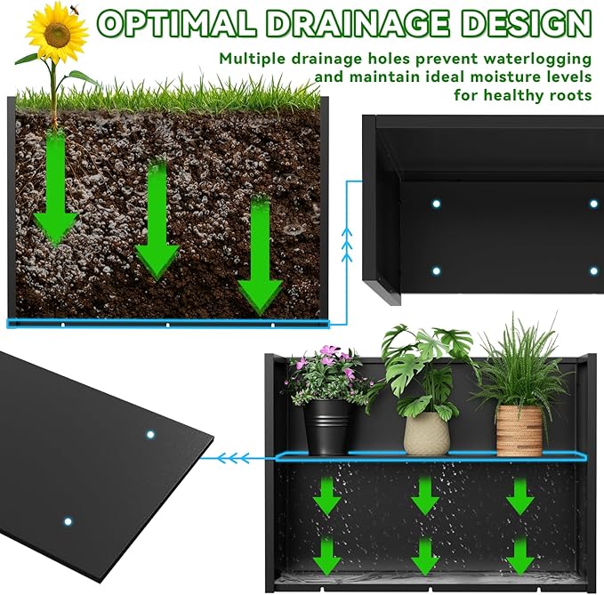 Metal Planter, 38L x 10W x 30H, Heavy Duty Tall Planters for Outdoor Plants, Black Planters with Removable Insert Shelf, Large Planters with Drainage Holes for Porch, Patio and Yard, Black