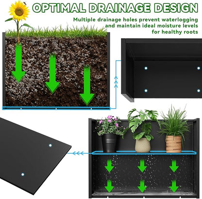 Tall Metal Planter Box, 30" L x 10" W x 24" H Large Outdoor Planters with Drainage & Adjustable Shelf, Heavy Duty Steel Rectangular Planter for Patio, Balcony, Indoor(Black)