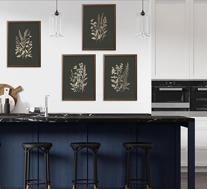 4Pcs Vintage Flowers And Plants Wall Art Dark Green Flower Painting Picture Flower Bouquet Wall Decor Minimalism Flowers Poster Print Artwork for Living Room Bedroom Home Decoration,Unframed