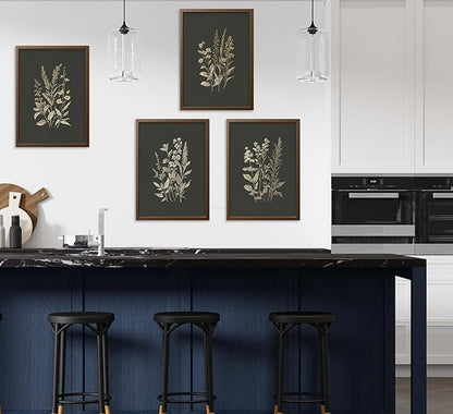 4Pcs Vintage Flowers And Plants Wall Art Dark Green Flower Painting Picture Flower Bouquet Wall Decor Minimalism Flowers Poster Print Artwork for Living Room Bedroom Home Decoration,Unframed